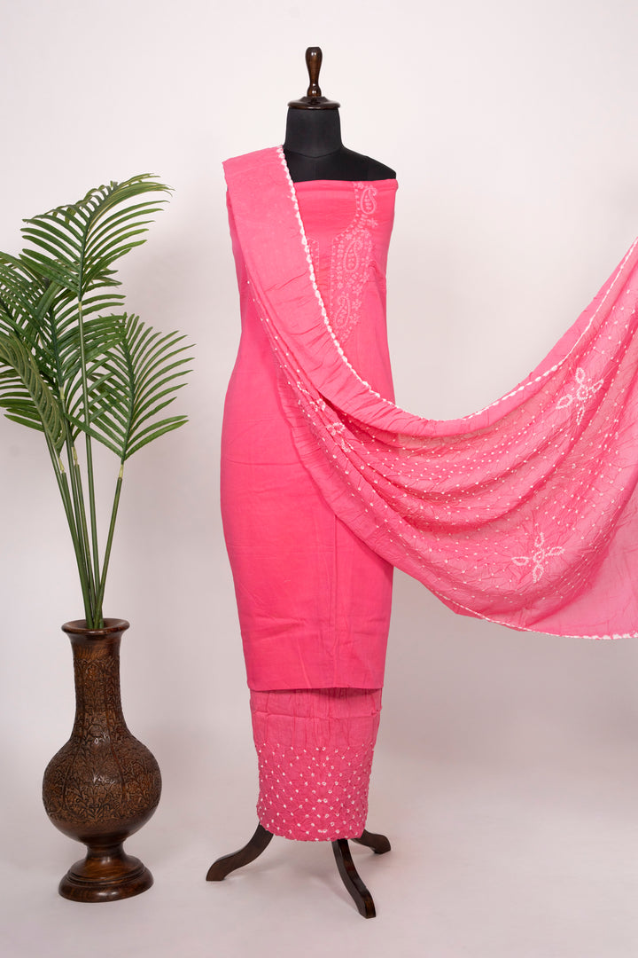 Hot Pink Cotton Satin Suit Material with Neck Embroidery