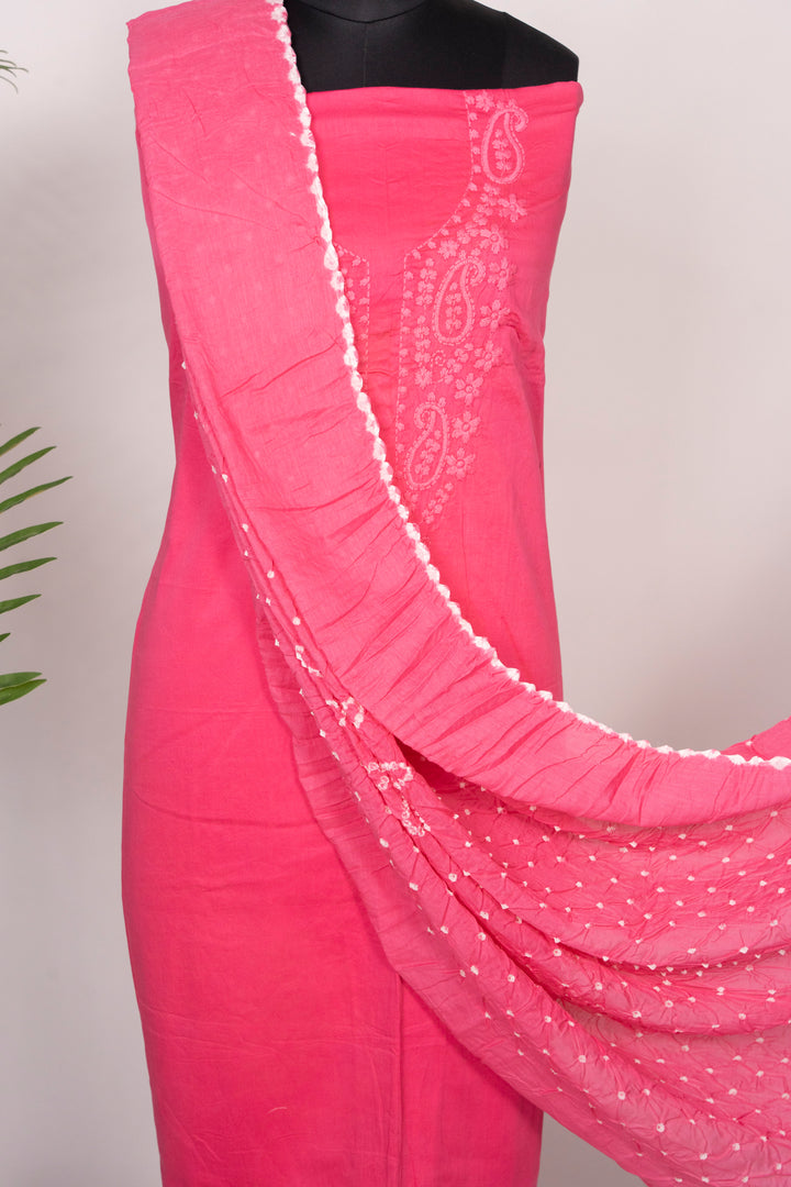 Hot Pink Cotton Satin Suit Material with Neck Embroidery