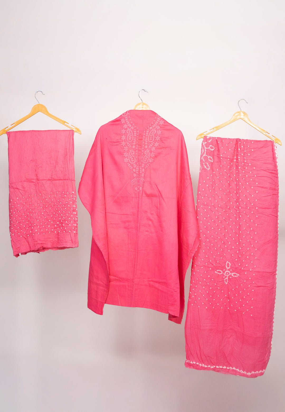 Hot Pink Cotton Satin Suit Material with Neck Embroidery
