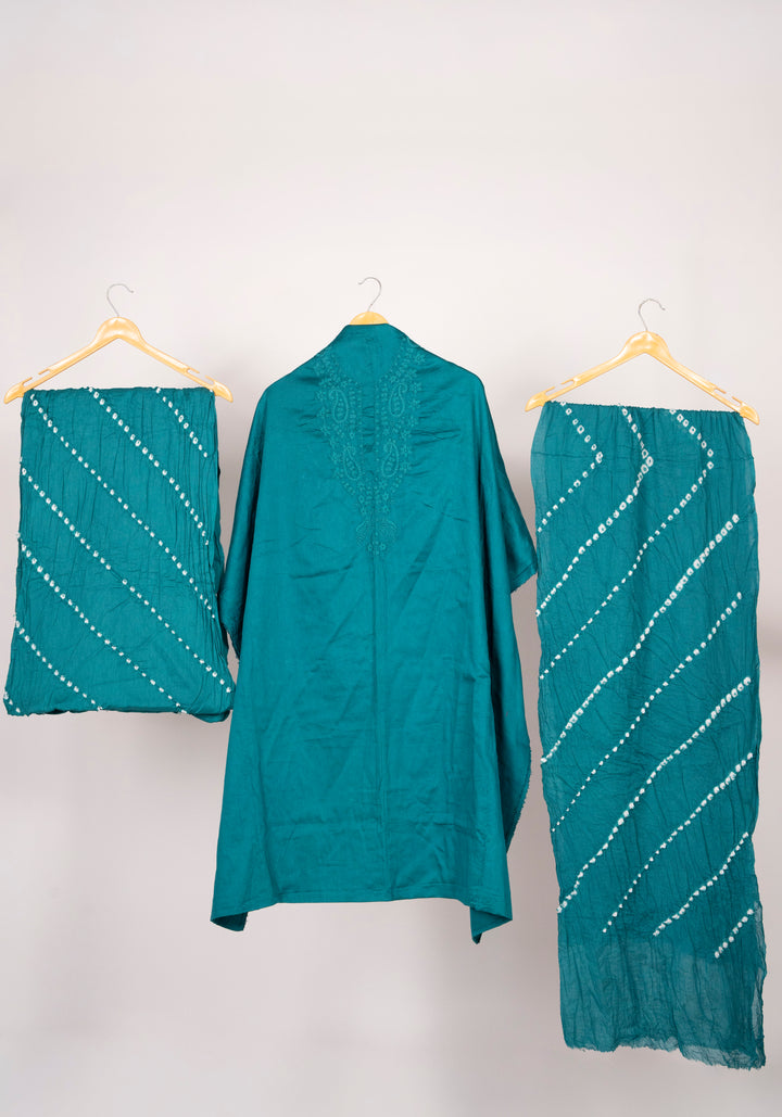 Sky Blue Cotton Satin Suit Material with Neck Embroidery