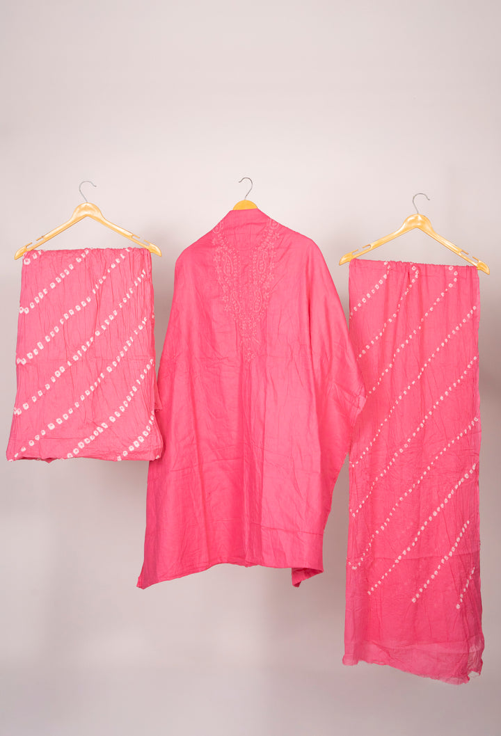 Pink Cotton Satin Suit Material with Neck Embroidery