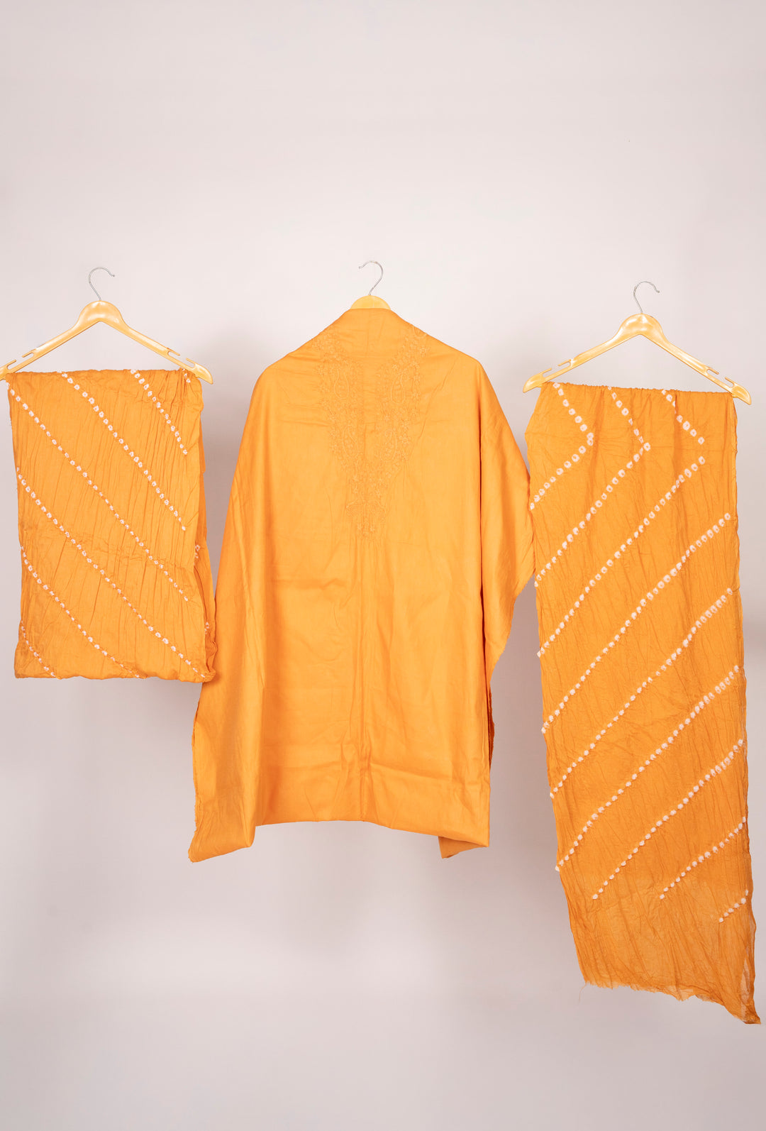 Yellow Cotton Satin Suit Material with Neck Embroidery