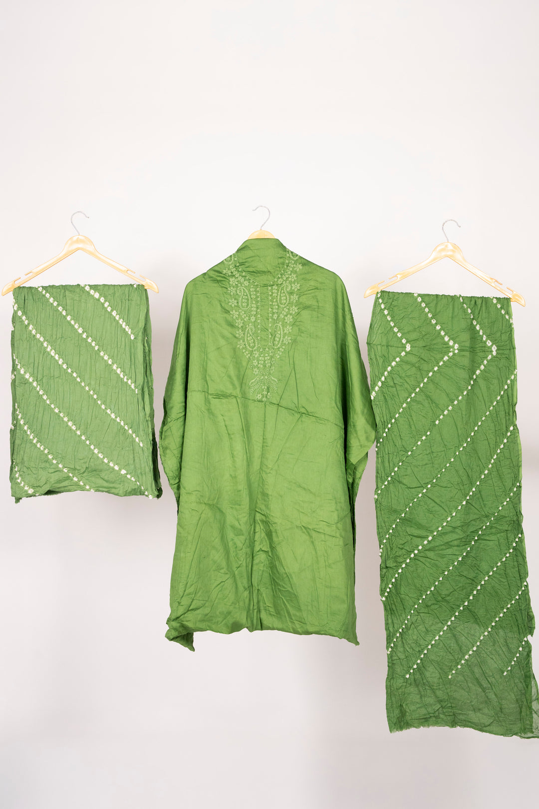 Green Cotton Satin Suit Material with Neck Embroidery