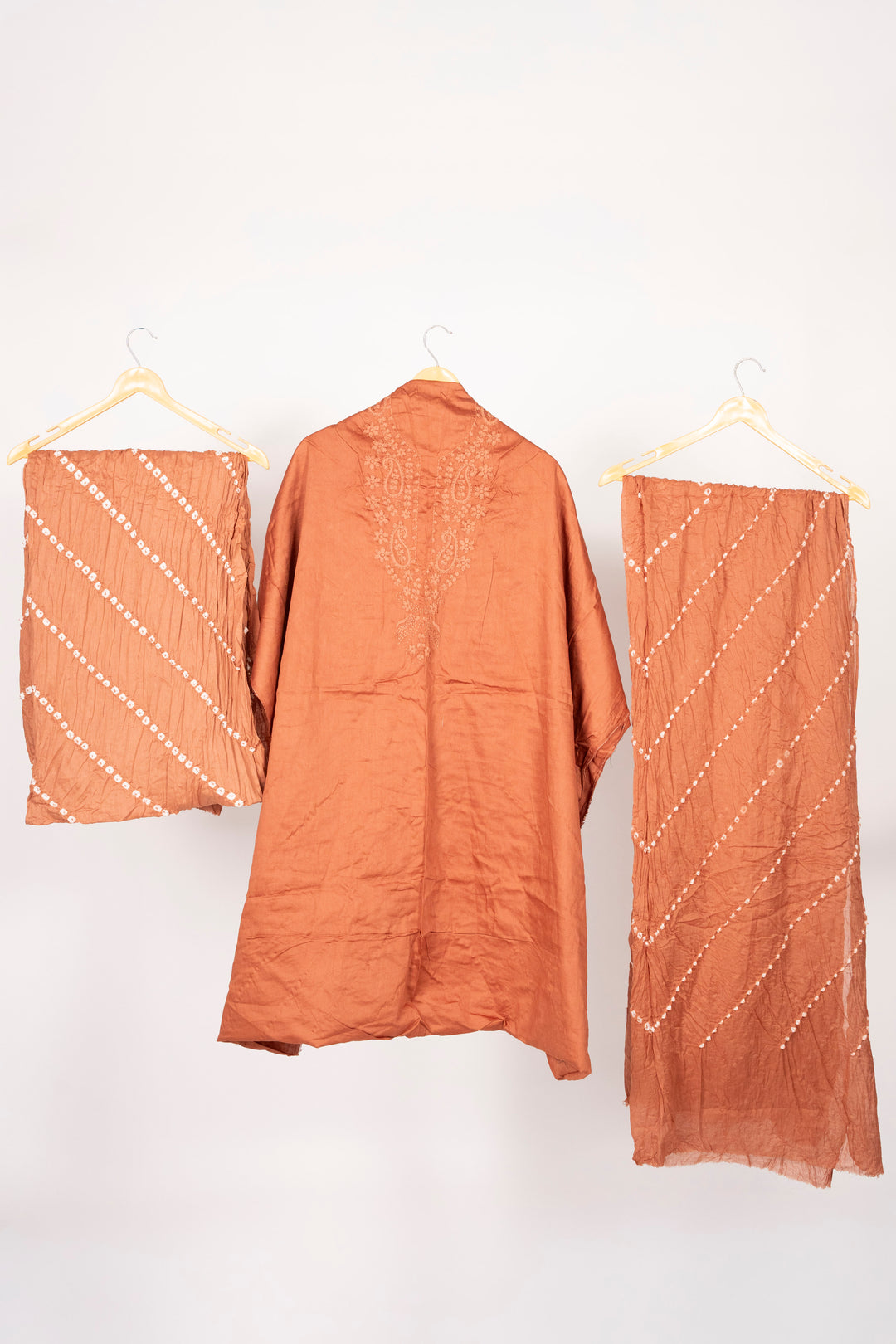 Rust Brown Cotton Satin Suit Material with Neck Embroidery