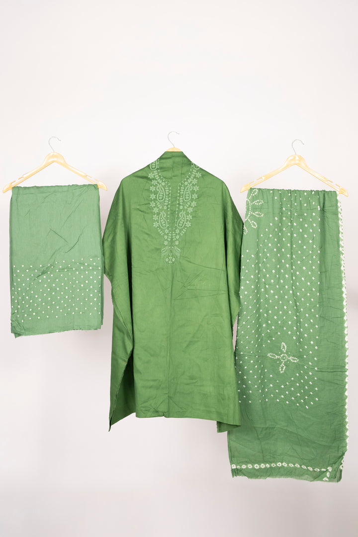Dark Green Cotton Satin Suit Material with Neck Embroidery