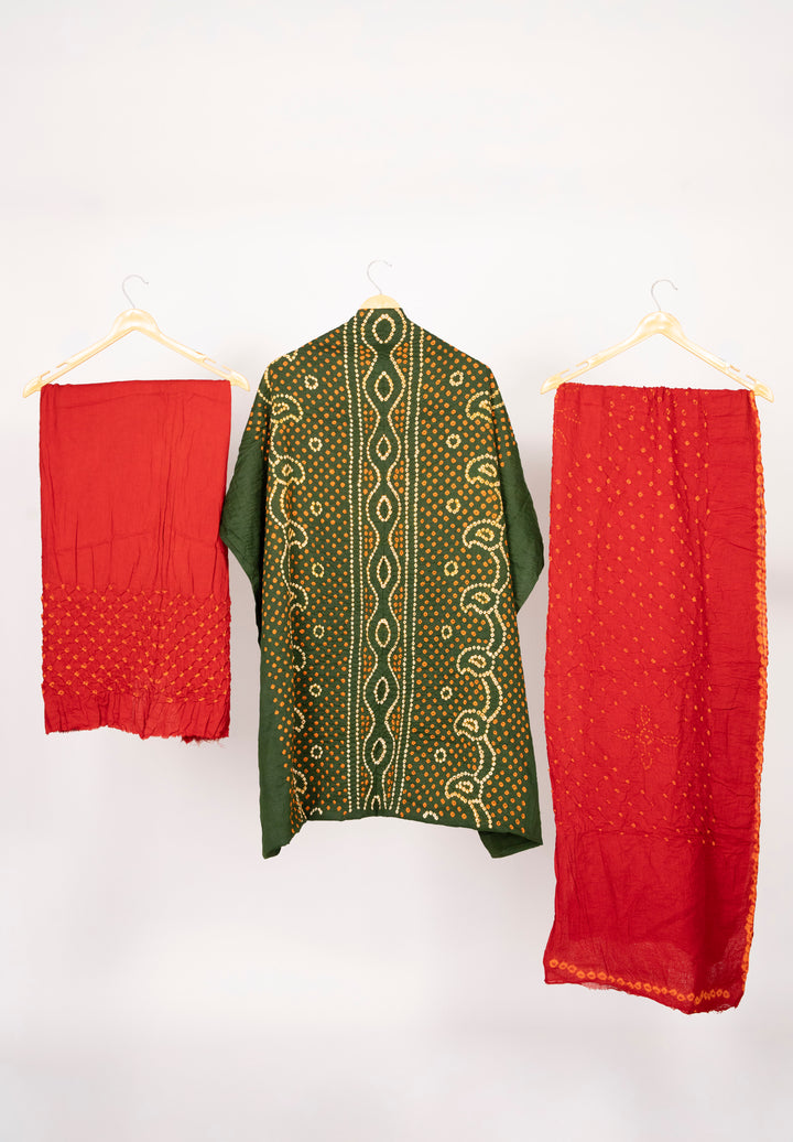 Bottle Green Chandrakani Bandhani Cotton Satin Suit Material