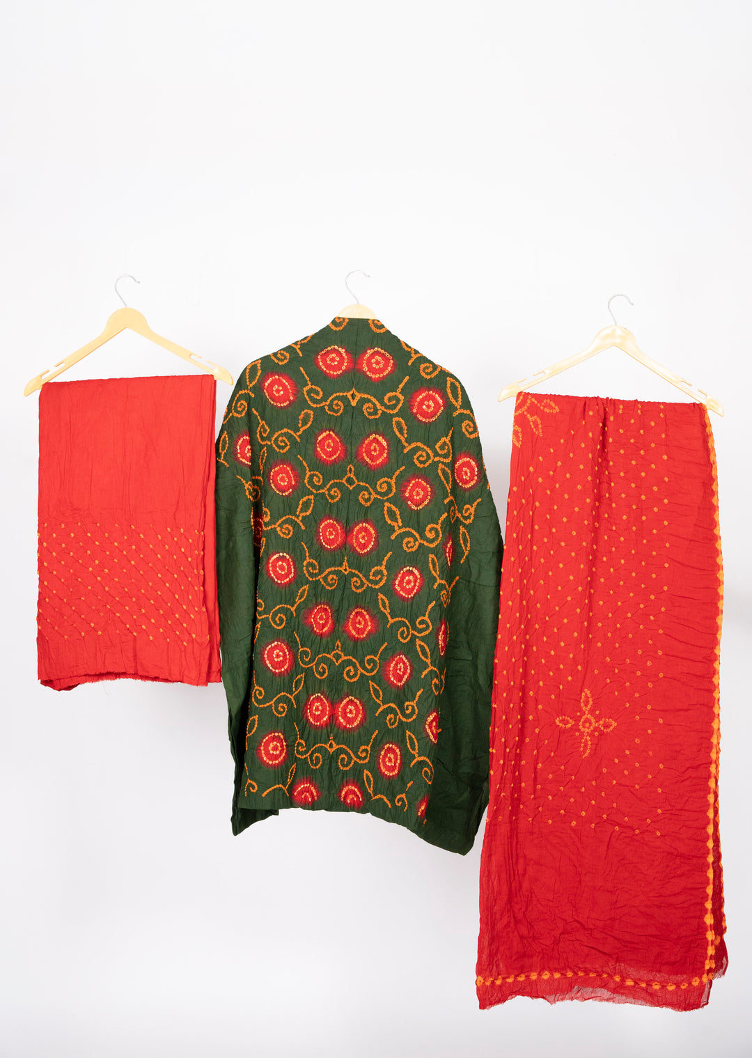 Green Designer Bandhani Cotton Satin Suit Material