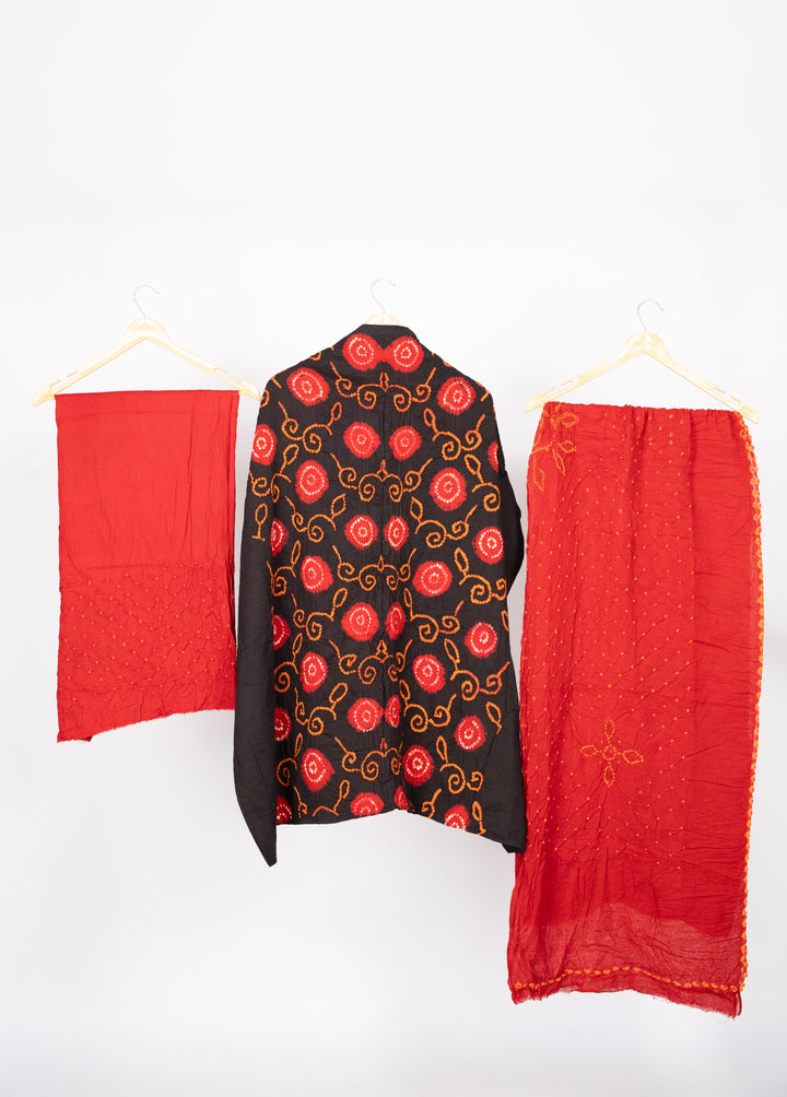 Red Designer Bandhani Cotton Satin Suit Material