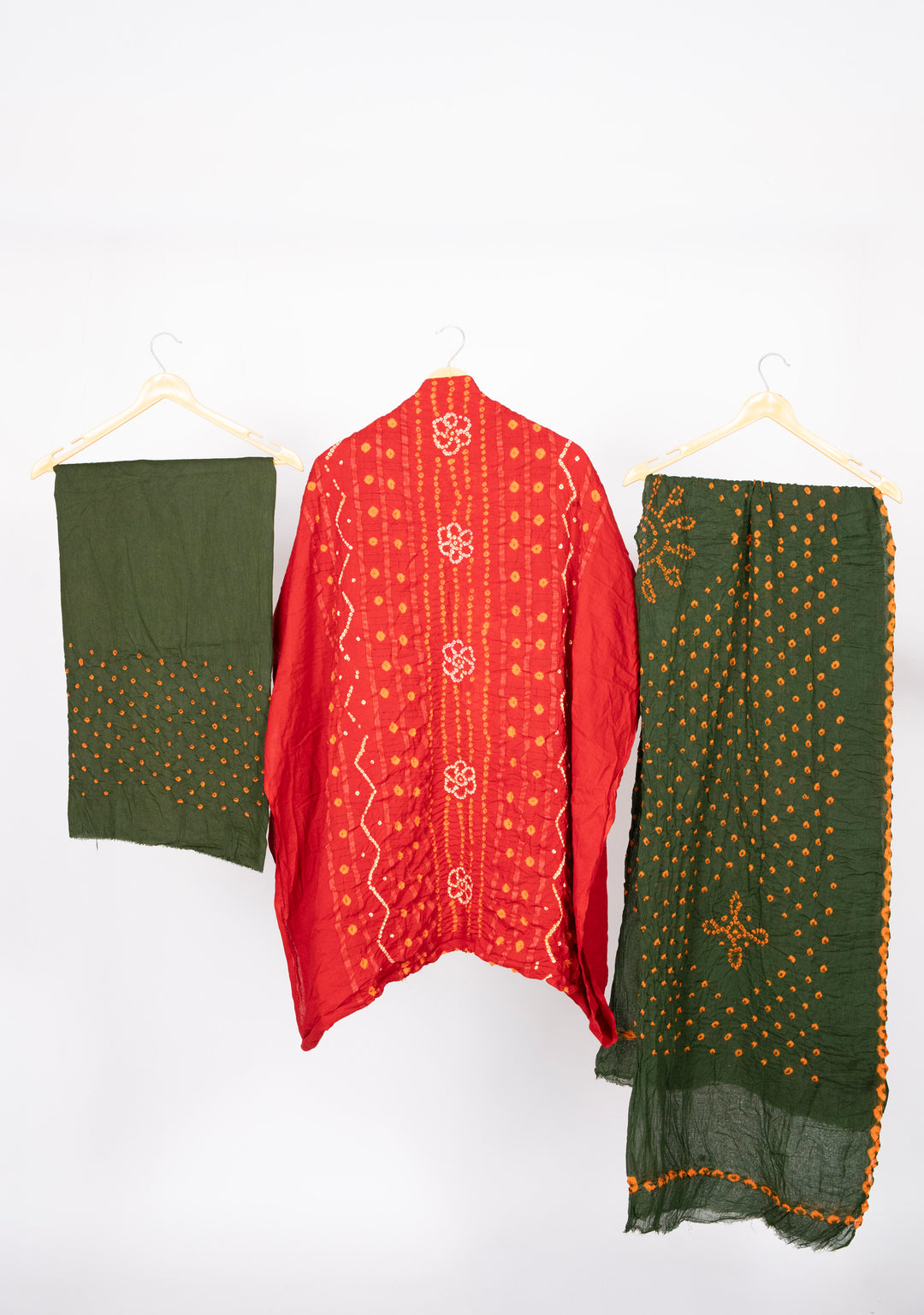 Red  Bandhani Cotton Satin Suit Material with Mehendi Green Dupatta
