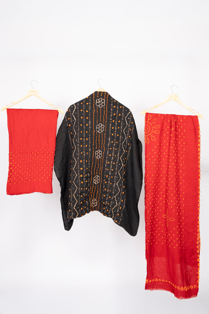 Black Bandhani Cotton Satin Suit Material with Red Dupatta