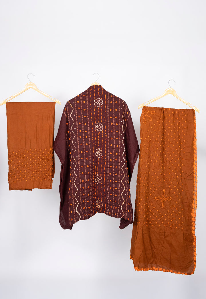 Brown Bandhani Cotton Satin Suit Material with Rust Orange Dupatta
