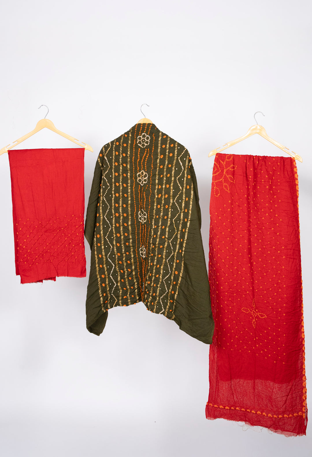Olive Green Bandhani Cotton Satin Suit Material with Red Dupatta