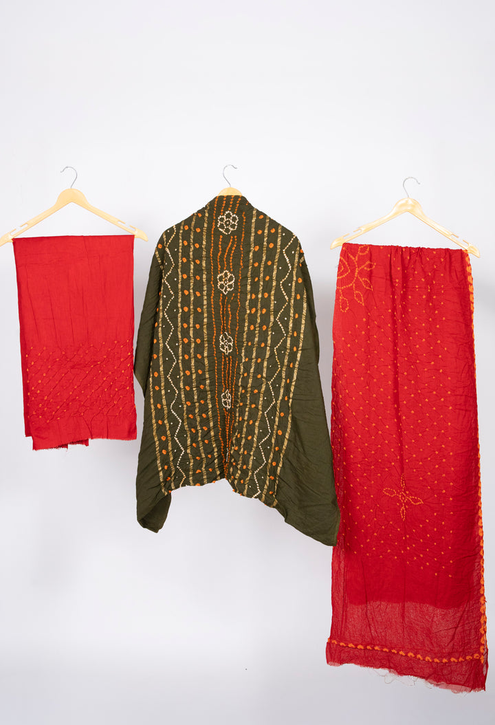 Olive Green Bandhani Cotton Satin Suit Material with Red Dupatta