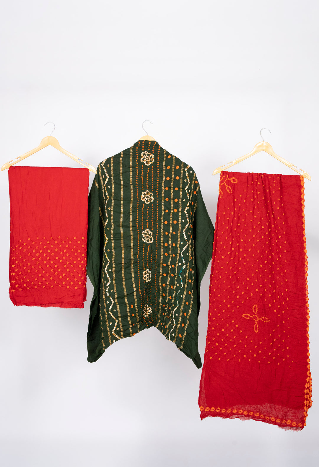 Mehendi Green Cotton Satin Bandhani Suit Material With Red Bandhej Dupatta