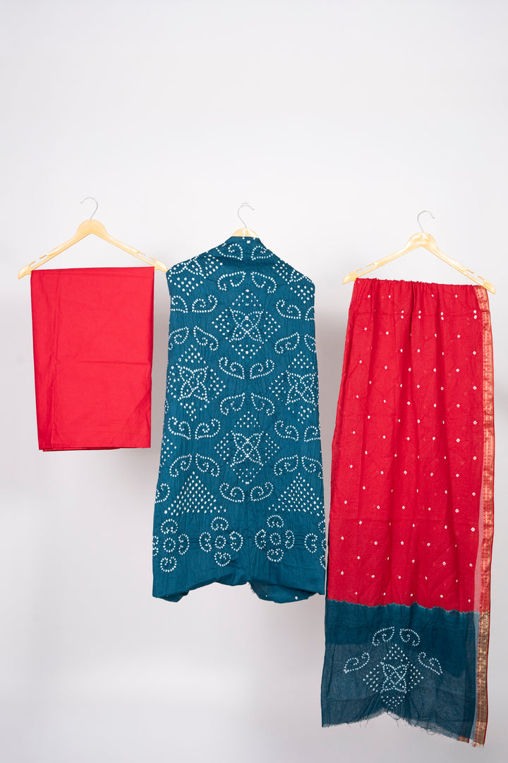 Blue Cotton Satin Dress Material With Red Dupatta