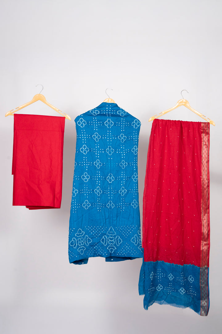 Cotton Satin Light Blue Dress Material With Red Duppta