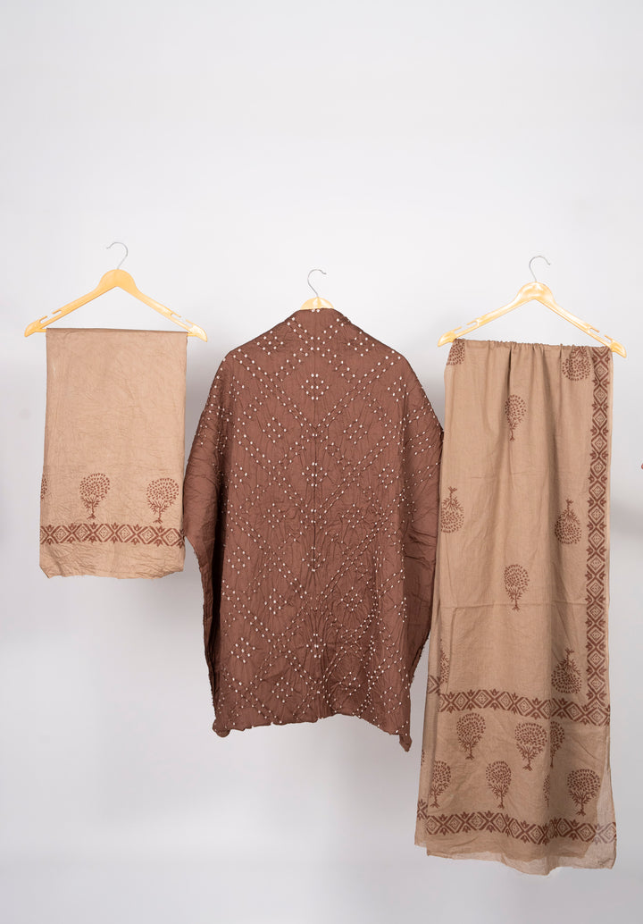 Chocolate Brown Cotton Satin Bandhej Suit With Block Print Dupatta