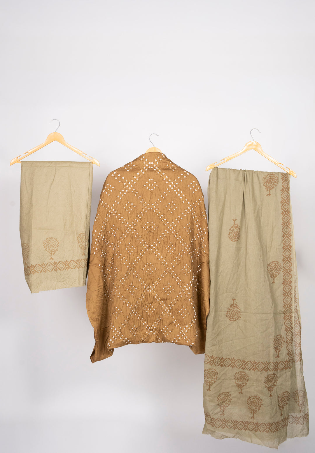 Mustard  Cotton Satin Bandhej Suit With Block Print Dupatta