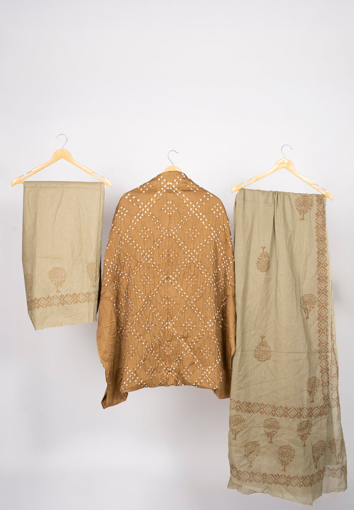 Mustard  Cotton Satin Bandhej Suit With Block Print Dupatta