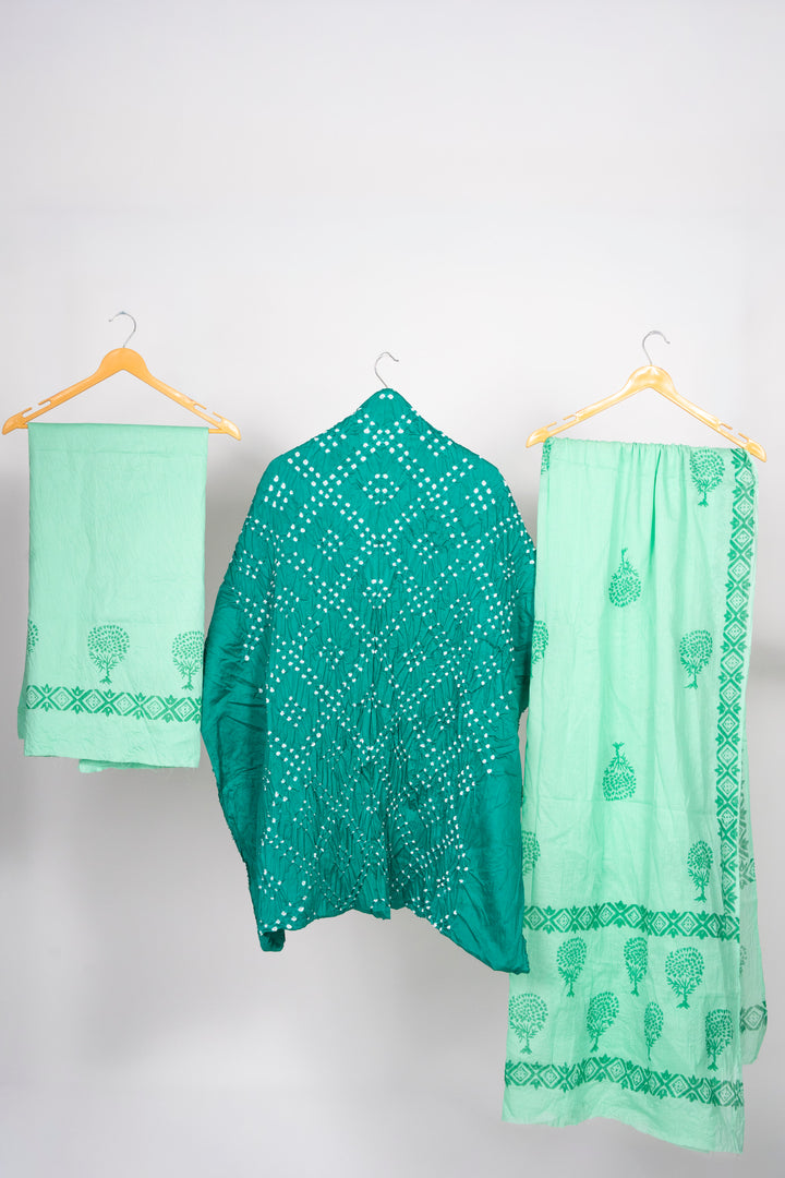 Teal Green Cotton Satin Bandhej Suit With Block Print Dupatta