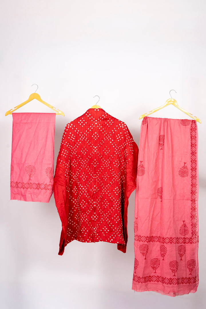 Red Cotton Satin Bandhej Suit With Block Print Dupatta