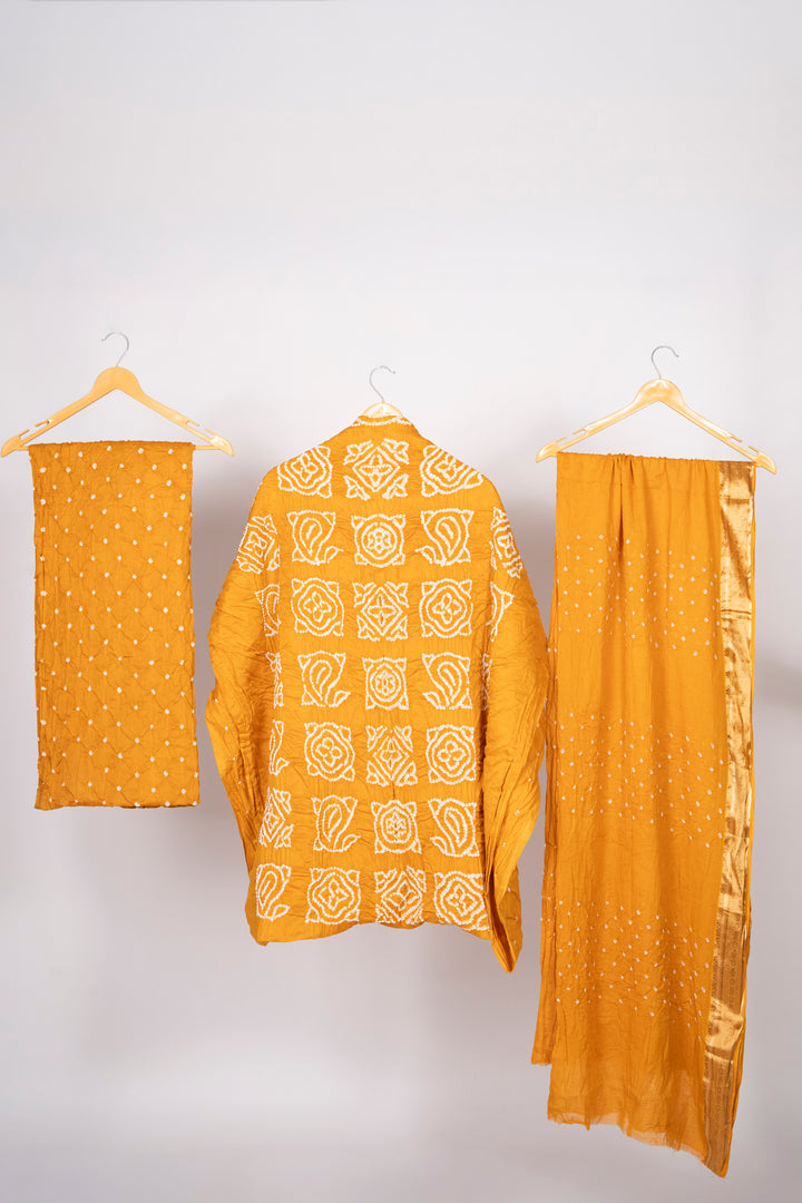 Yellow Bandhani Cotton Satin 3 Piece Suit Material