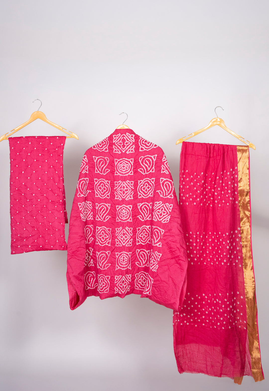Rani Pink Bandhani Cotton Satin Suit Material