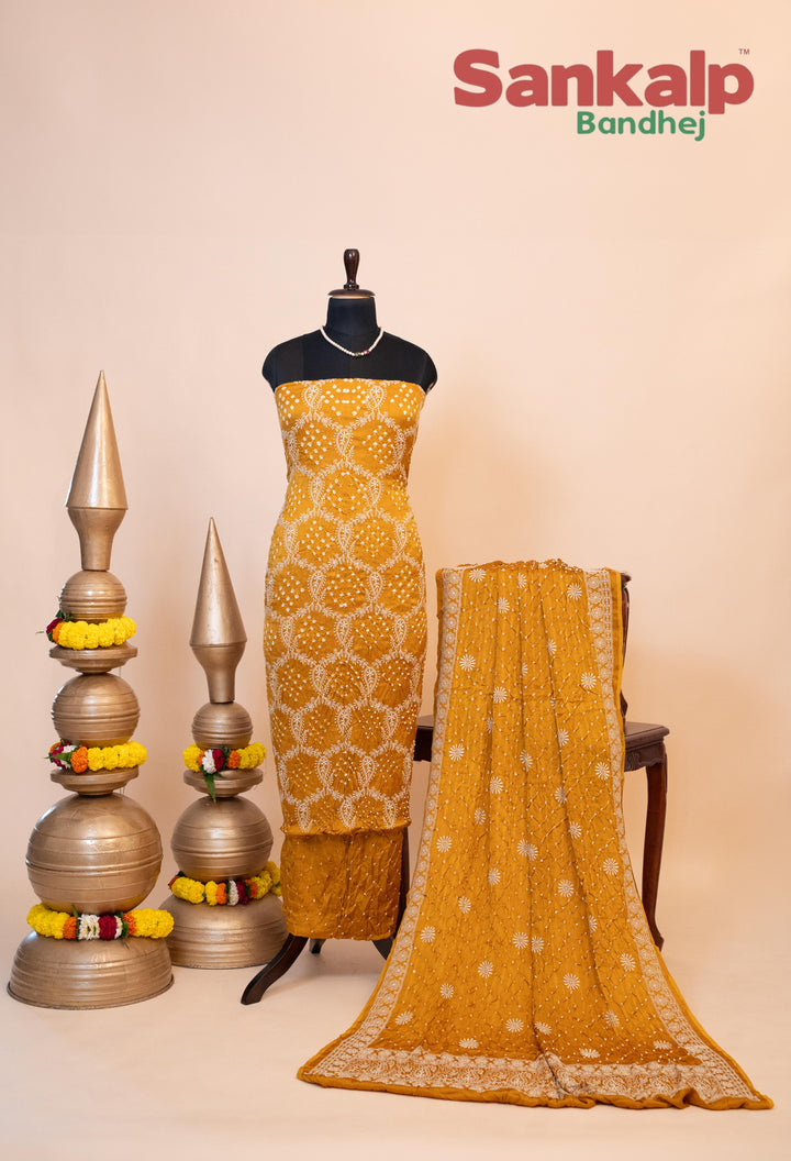 Dark Yellow Pure Modal Silk Dress Material with Lucknowi Work