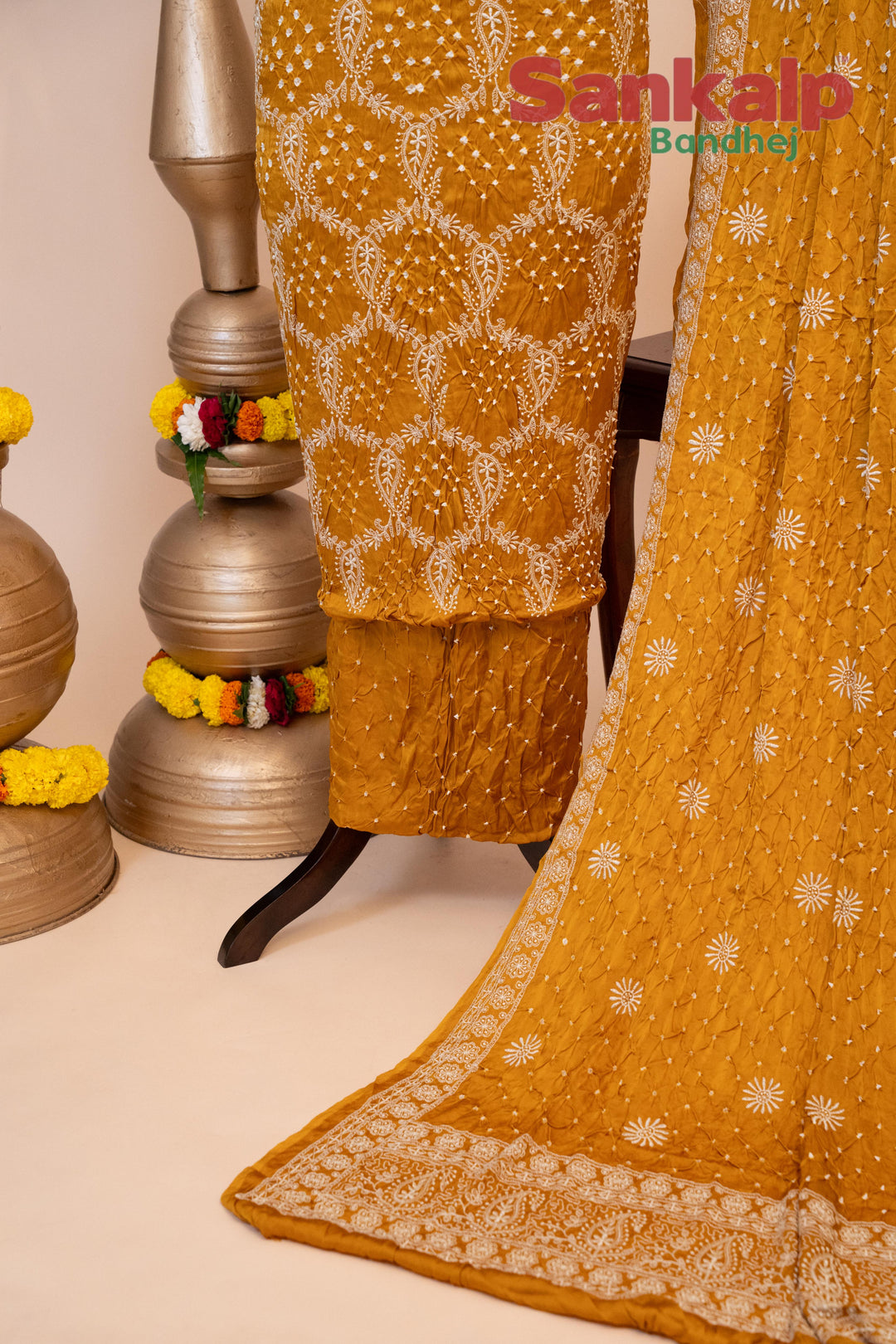 Dark Yellow Pure Modal Silk Dress Material with Lucknowi Work