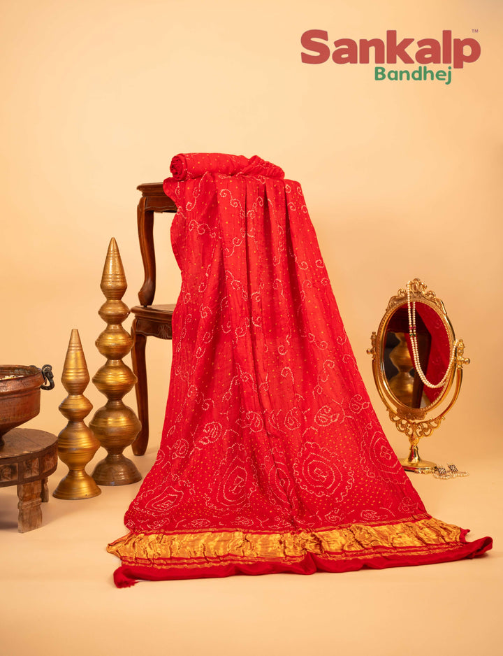 Red Gajji Silk Bandhej Saree With Lagdi Patta Pallav