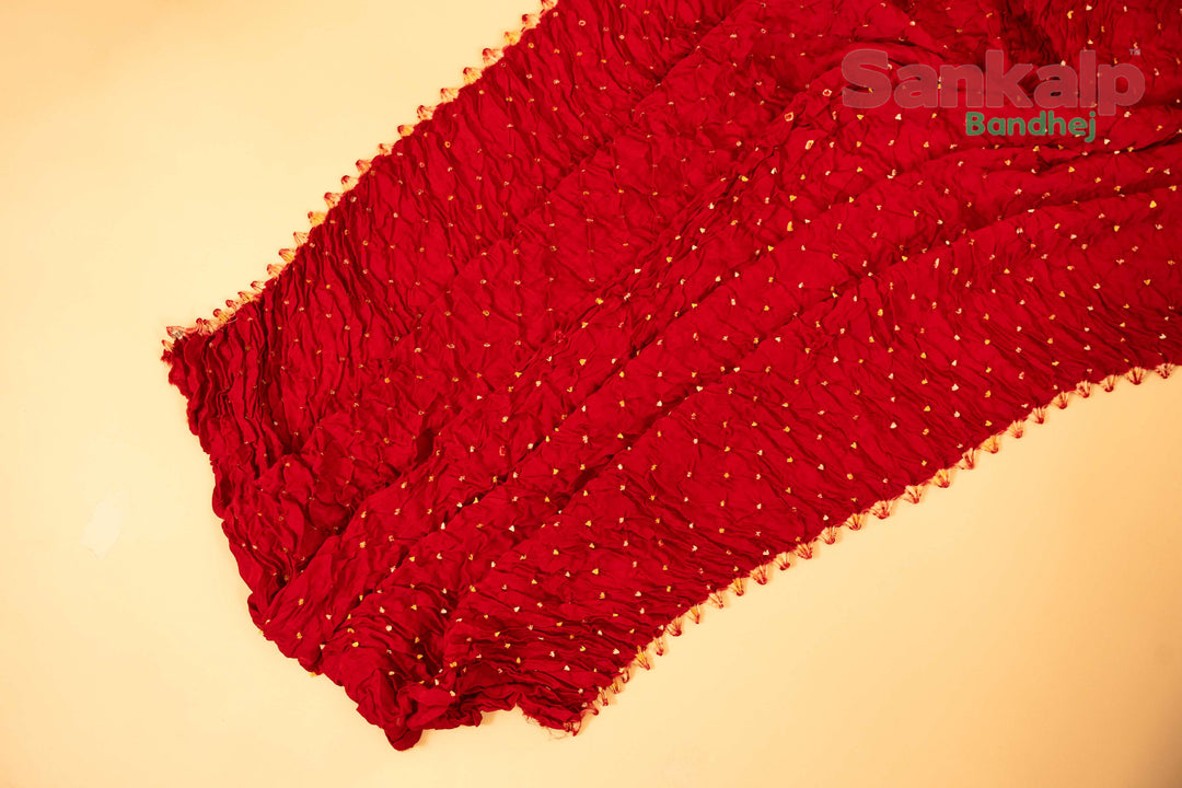 Bright Red Pure Modal Silk Bandhani Saree With Lagdi Patta