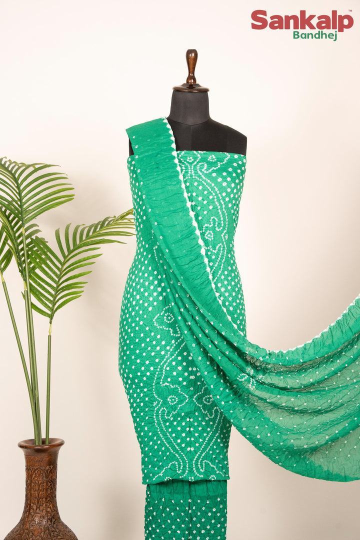 Green Bandhani Cotton Satin Dress Material