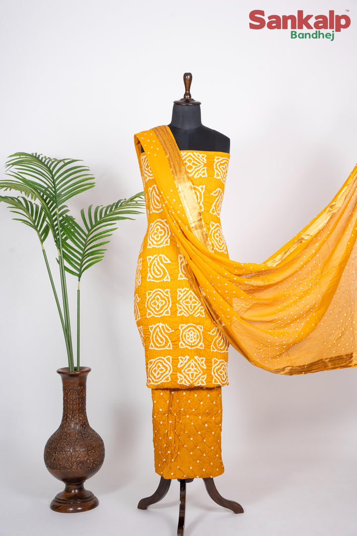 Yellow Bandhani Cotton Satin 3 Piece Suit Material