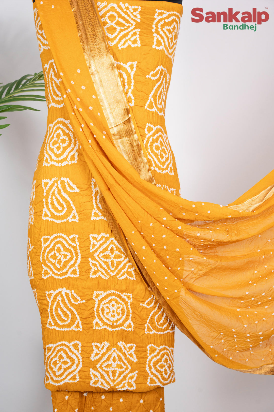 Yellow Bandhani Cotton Satin 3 Piece Suit Material