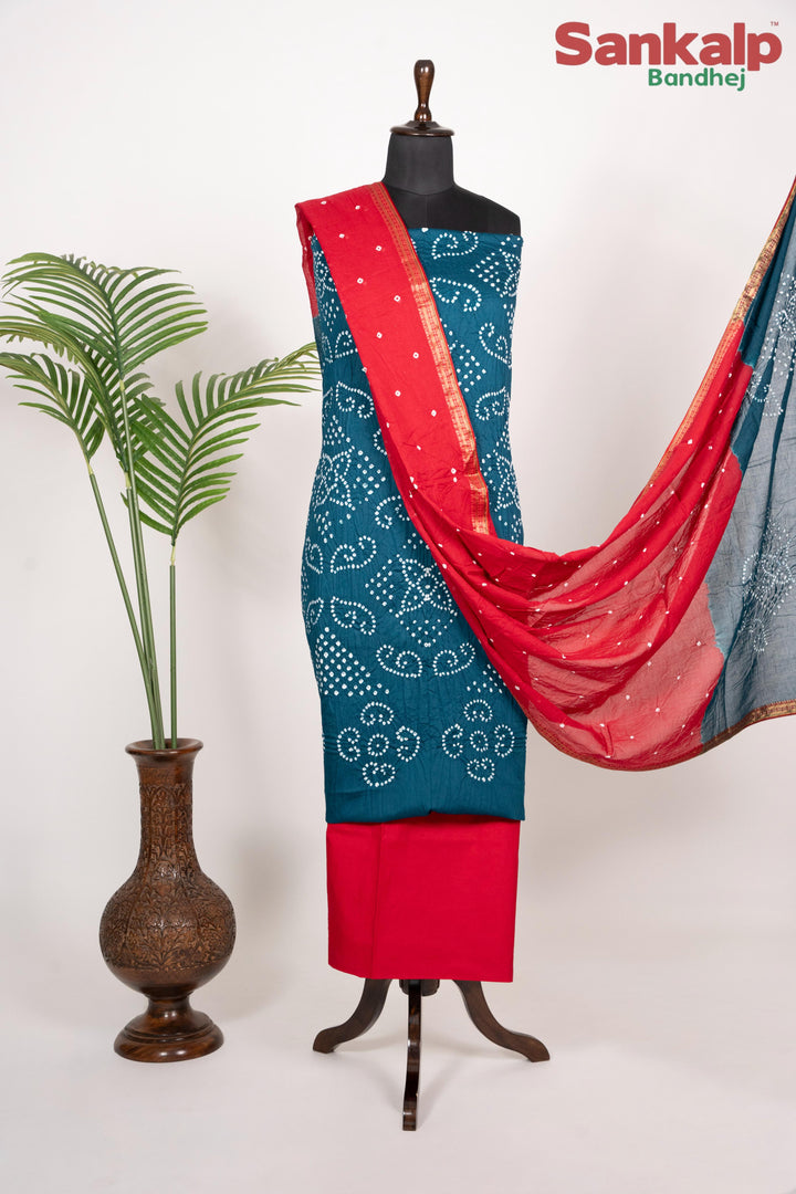 Blue Cotton Satin Dress Material With Red Dupatta