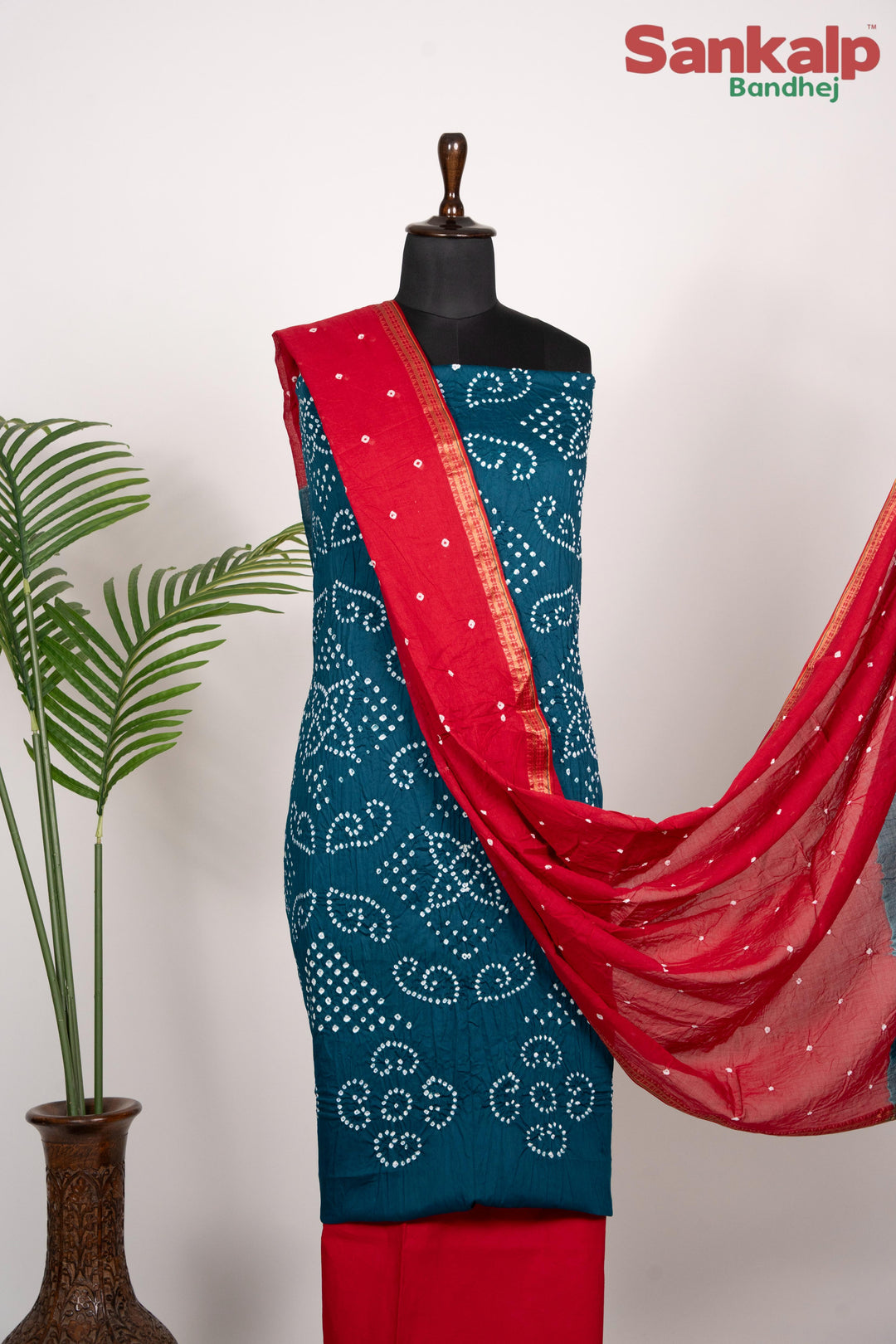 Blue Cotton Satin Dress Material With Red Dupatta