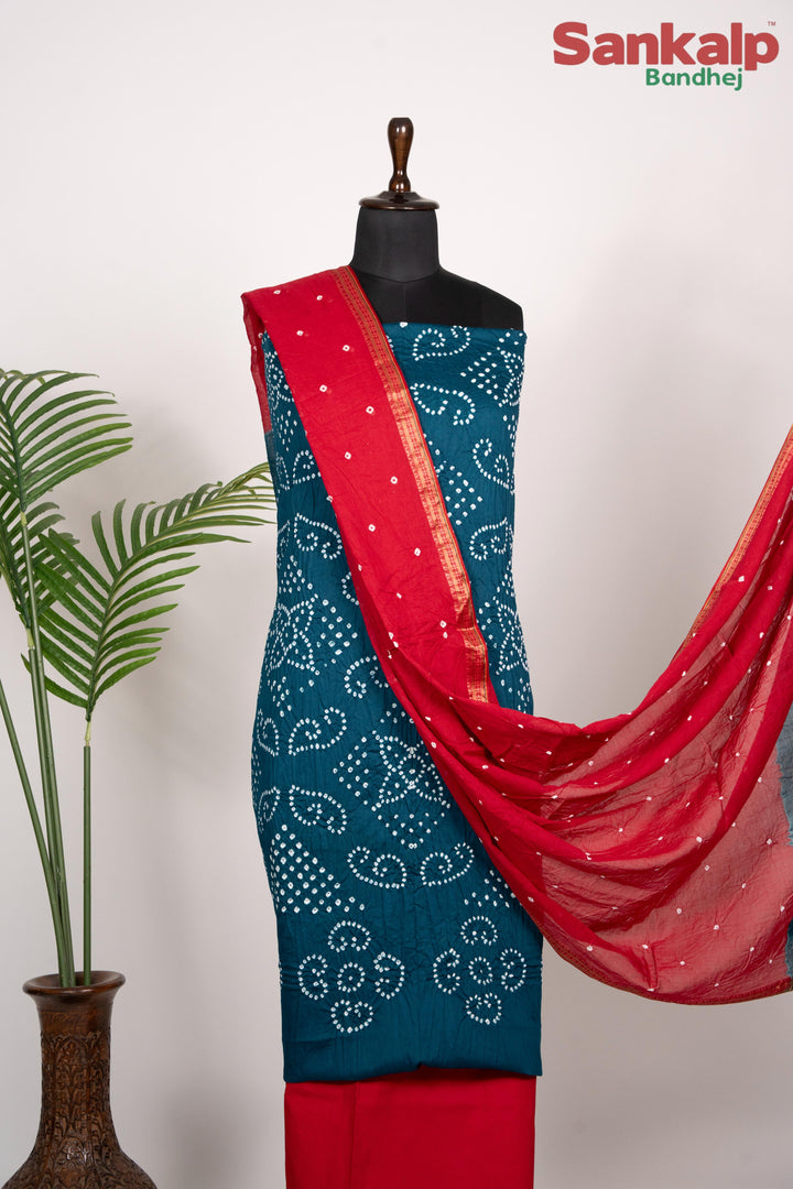 Blue Cotton Satin Dress Material With Red Dupatta