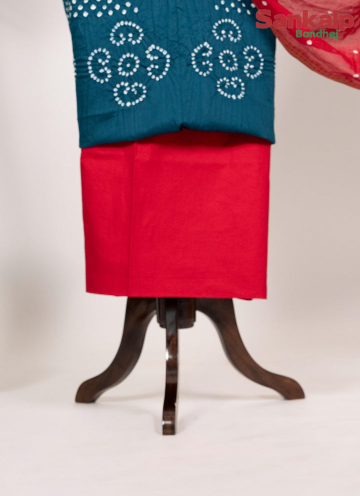Blue Cotton Satin Dress Material With Red Dupatta