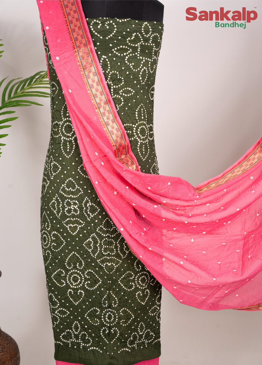 Olive Green Bandhej 3 Piece Cotton Satin Dress Material Set
