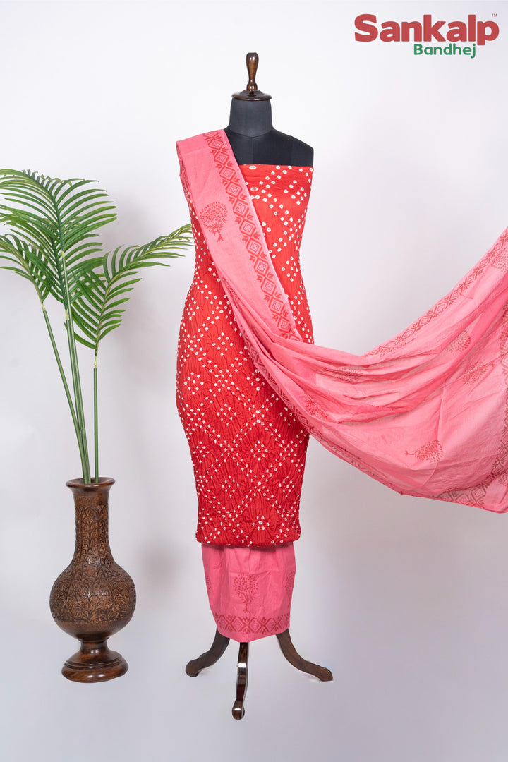 Red Cotton Satin Bandhej Suit With Block Print Dupatta