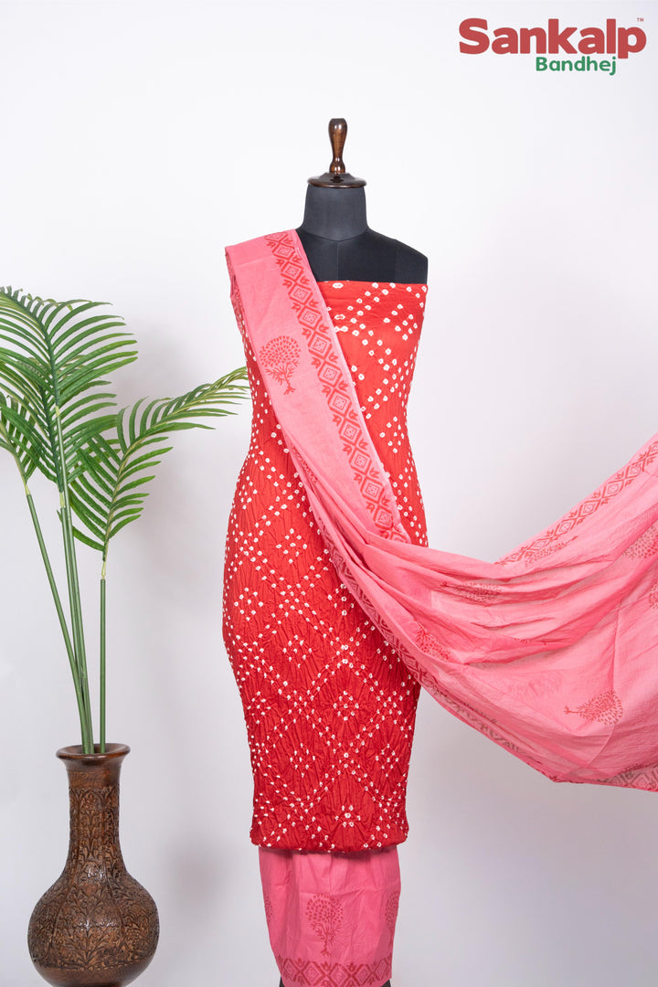 Red Cotton Satin Bandhej Suit With Block Print Dupatta