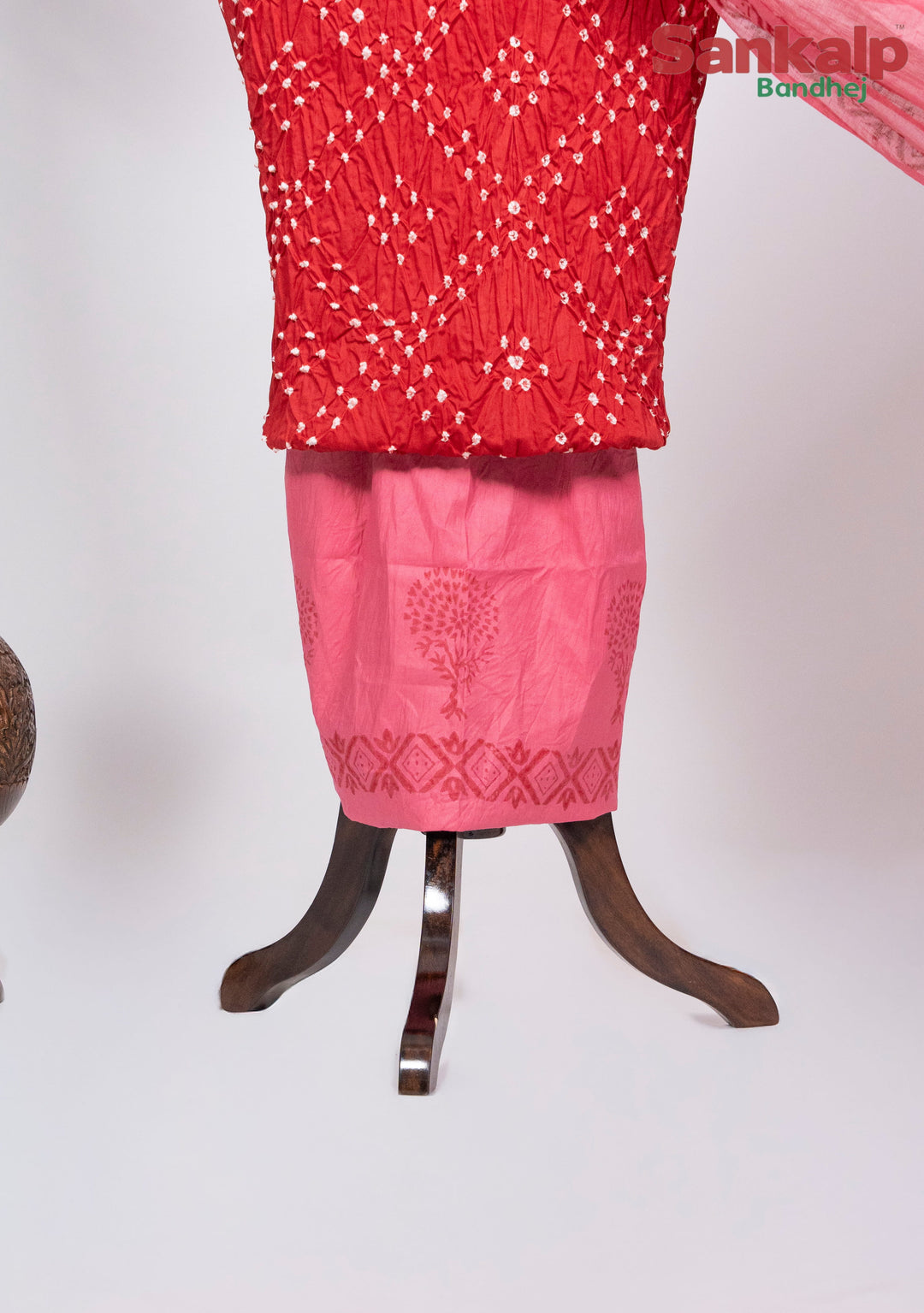 Red Cotton Satin Bandhej Suit With Block Print Dupatta