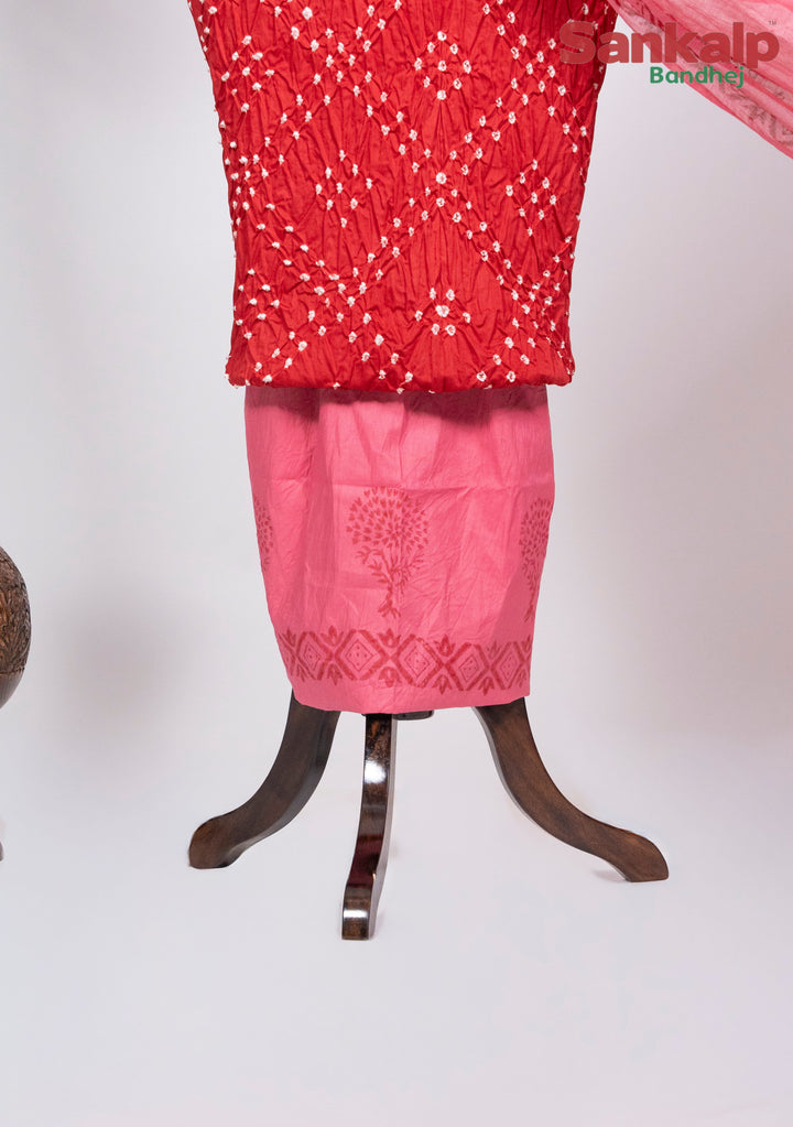 Red Cotton Satin Bandhej Suit With Block Print Dupatta