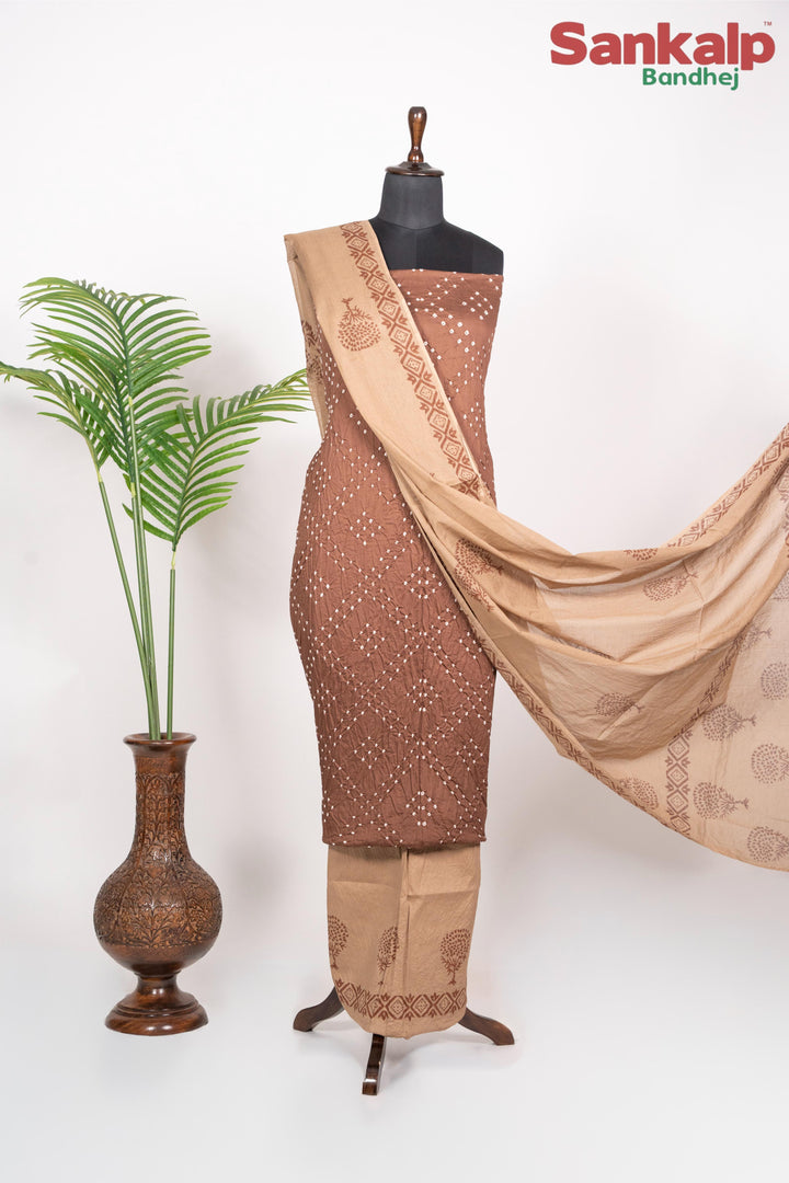 Chocolate Brown Cotton Satin Bandhej Suit With Block Print Dupatta