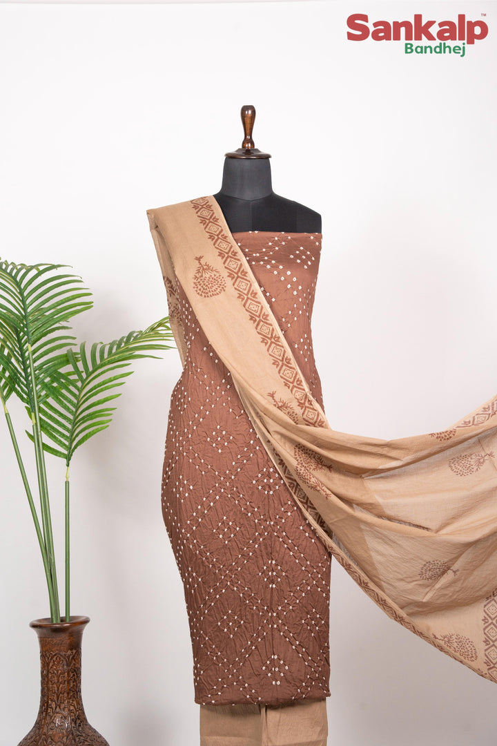 Chocolate Brown Cotton Satin Bandhej Suit With Block Print Dupatta