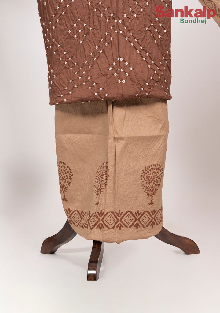 Chocolate Brown Cotton Satin Bandhej Suit With Block Print Dupatta