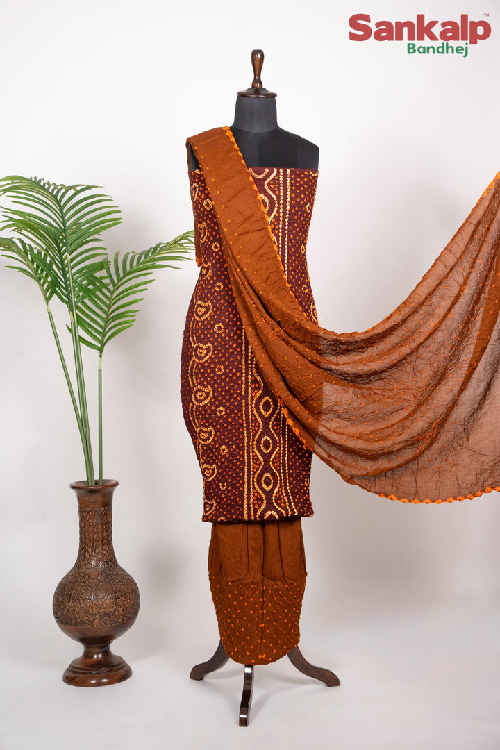 Brown Chandrakani Bandhani Cotton Satin Suit Material
