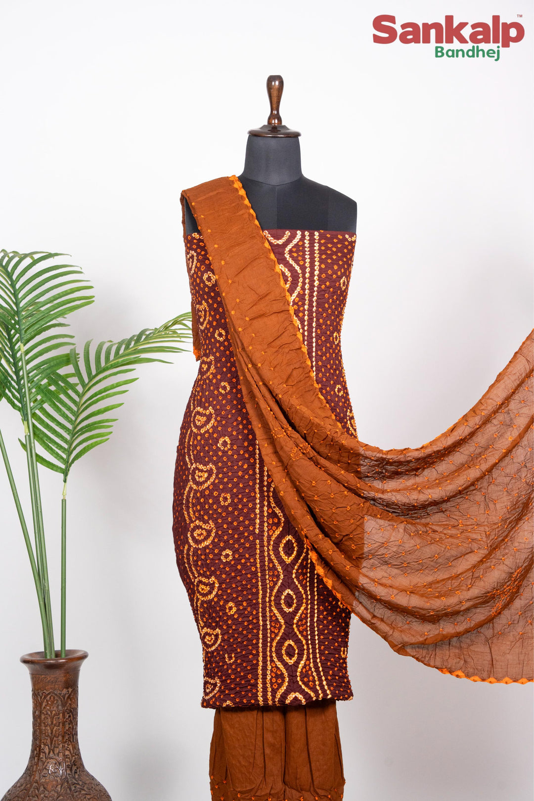 Brown Chandrakani Bandhani Cotton Satin Suit Material