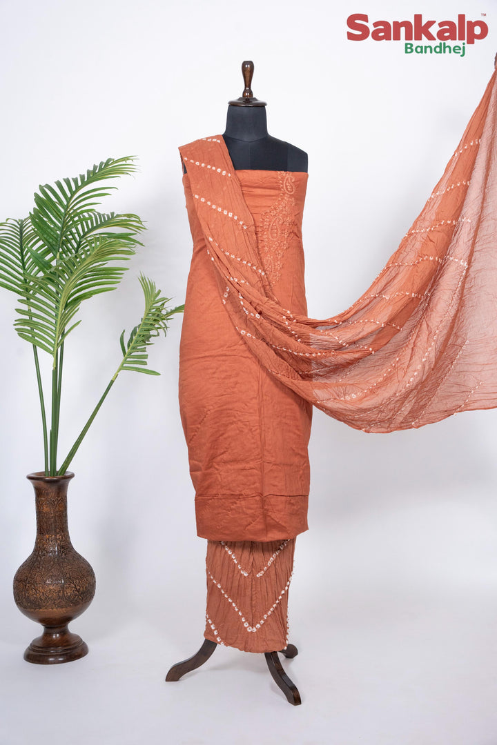 Rust Brown Cotton Satin Suit Material with Neck Embroidery