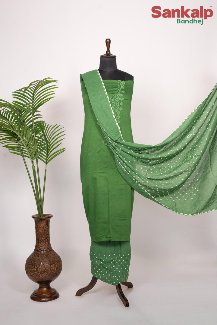 Dark Green Cotton Satin Suit Material with Neck Embroidery